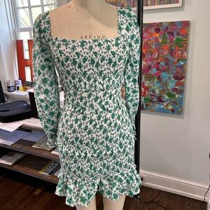 Libby Kat Green and White Floral Smocked Long Sleeve Mini Dress Small